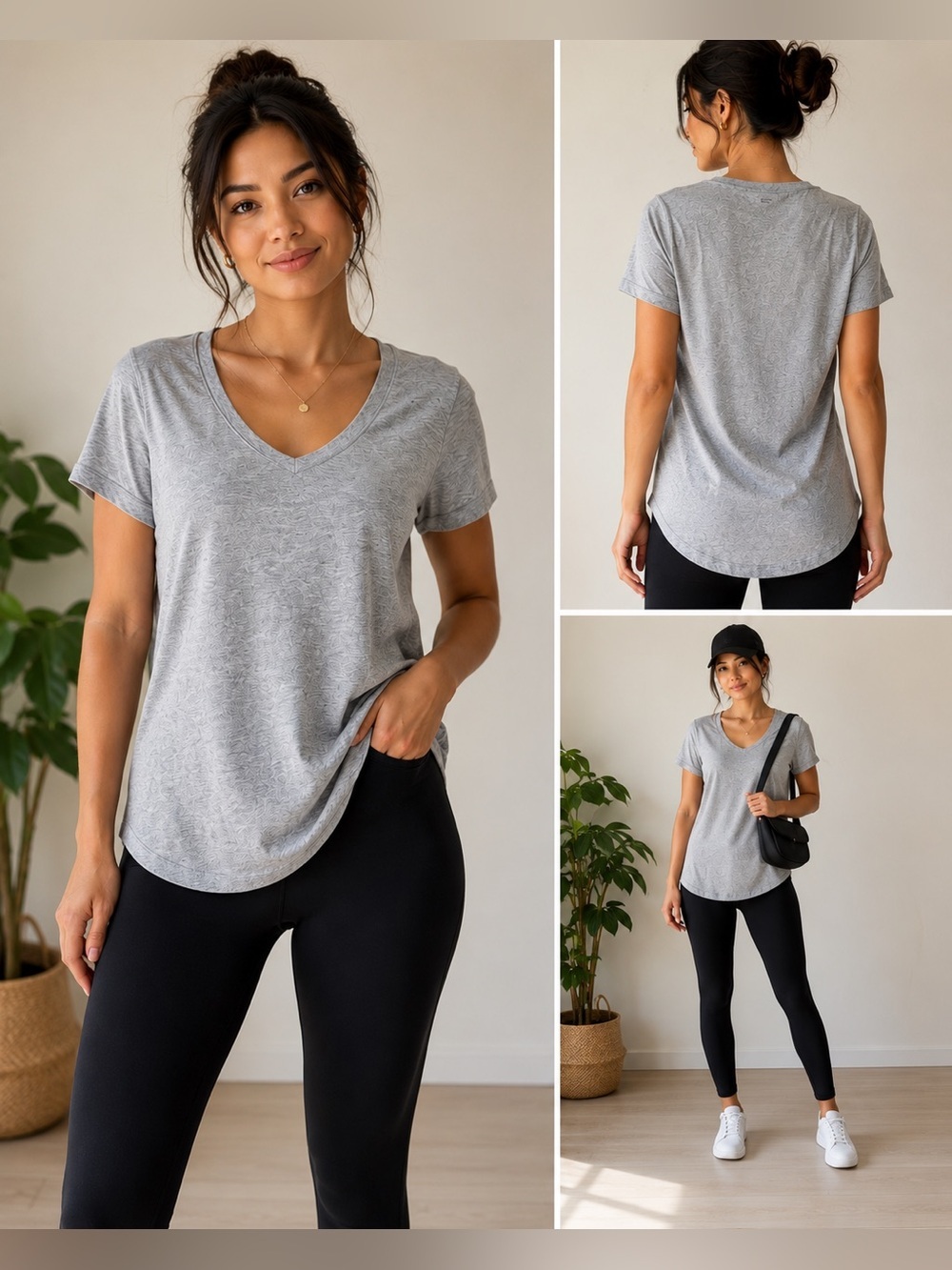 Hyba Grey V-Neck Tee XL | Soft Stretch Athleisure Basic Top